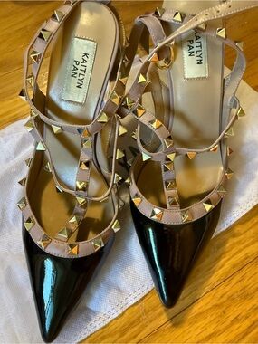 Kaitlyn Pan Black Patent Pointed T-Strap Heels with Gold Studs